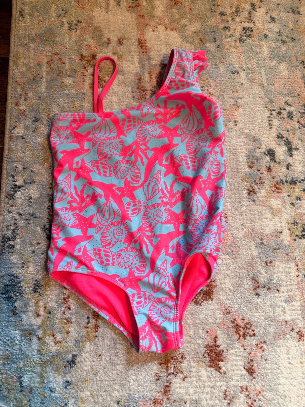 kenzie Pink and Light Blue One-Shoulder Seashell Print Swimsuit